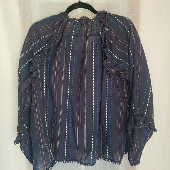 Ella Moss Blouse Womens L Blue Top Braided Tassels Fring Semi Sheer Boho Peasant - Picture 6 of 10